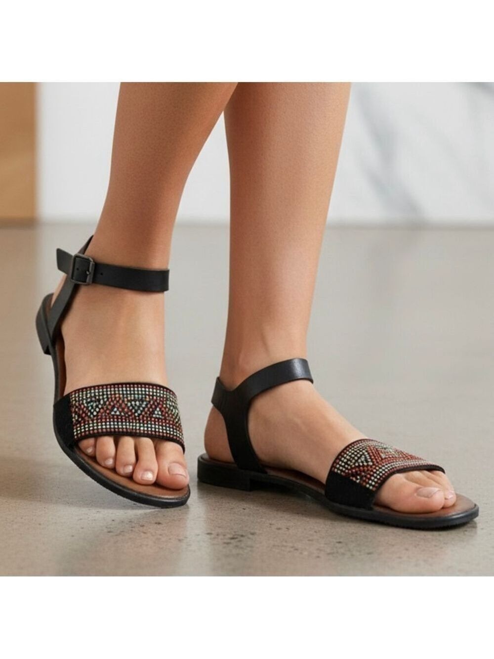 Sesto Meucci Beaded Black Flat Sandals with ankle strap made in Italy, size 7.5
